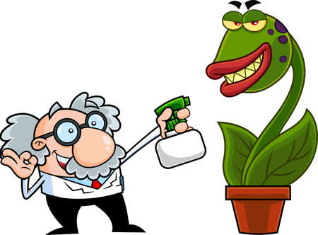 Science Professor Cartoon Character Spraying Evil Carnivorous Plant. Vector Hand Drawn Illustration Isolated On Transparent Backgroundのイラスト素材