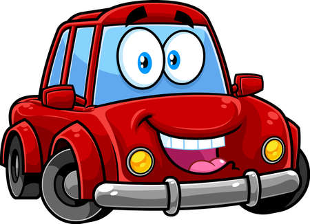 Happy Red Car Cartoon Character. Vector Hand Drawn Illustration Isolated On Transparent Backgroundのイラスト素材
