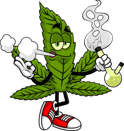 Funny Marijuana Leaf Cartoon Character Smoking A Bong. Vector Hand Drawn Illustration Isolated On Transparent Backgroundのイラスト素材