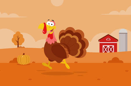 Cute Turkey Cartoon Character Running. Vector Flat Design Illustration With Farm Backgroundのイラスト素材