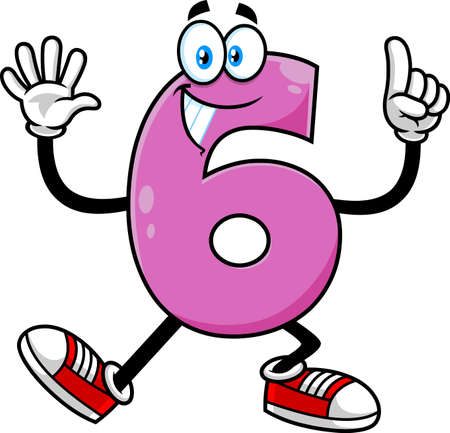Funny Violet Number Six 6 Cartoon Character Showing Hands Number Six. Vector Hand Drawn Illustration Isolated On Transparent Backgroundのイラスト素材