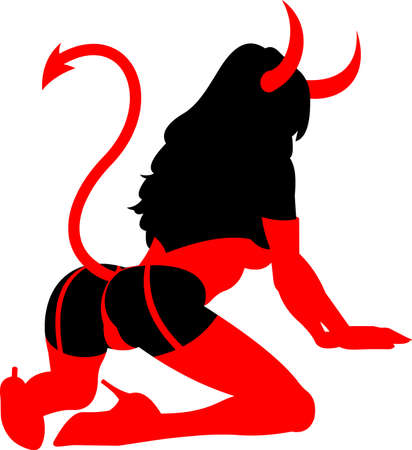 Sexy Devil Girl Silhouette. Vector Flat Design Illustration Isolated On Transparent Backgroundのイラスト素材