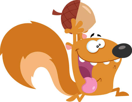 Crazy Squirrel Cartoon Character Running With Acorn. Vector Flat Design Illustration Isolated On Transparent Backgroundのイラスト素材
