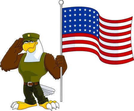 Military Patriotic Eagle Cartoon Character Salute And Flashes US Flag. Vector Hand Drawn Illustration Isolated On Transparent Backgroundのイラスト素材