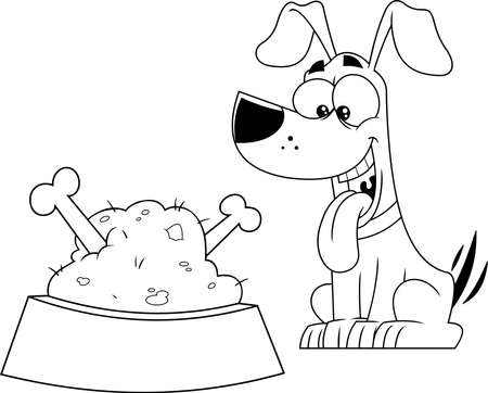 Outlined Happy Dog Cartoon Character With Bowl Food And Bones. Vector Hand Drawn Illustration Isolated On Transparent Backgroundのイラスト素材