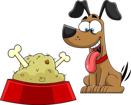Happy Dog Cartoon Character With Bowl Food And Bones. Vector Hand Drawn Illustration Isolated On Transparent Backgroundのイラスト素材
