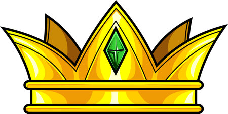 Cartoon Golden Crown With Green Diamond. Vector Hand Drawn Illustration Isolated On Transparent Backgroundのイラスト素材