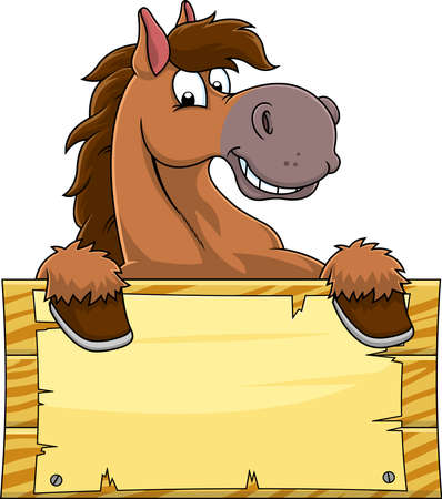 Horse Cartoon Mascot Character Over A Blank Wooden Sign Board. Vector Hand Drawn Illustration Isolated On Transparent Backgroundのイラスト素材