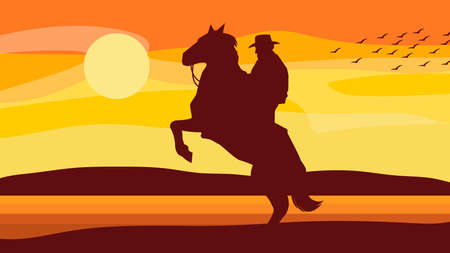 Cartoon Silhouette Of Cowboy On Horse. Vector Hand Drawn Illustration With Western Landscape Backgroundのイラスト素材
