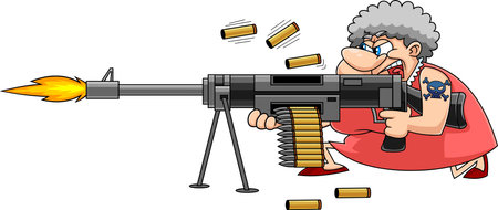Angry Grandma Cartoon Character Shoots With A Big Machine Gun. Vector Hand Drawn Illustration Isolated On Transparent Backgroundのイラスト素材