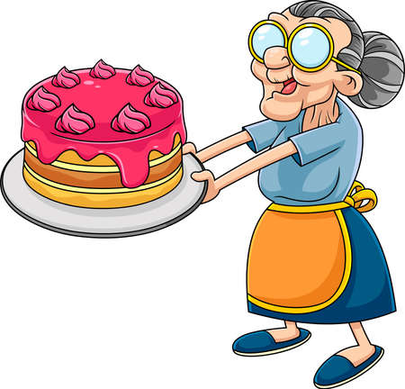 Funny Grandma Cartoon Character With Homemade Cake. Vector Hand Drawn Illustration Isolated On Transparent Backgroundのイラスト素材