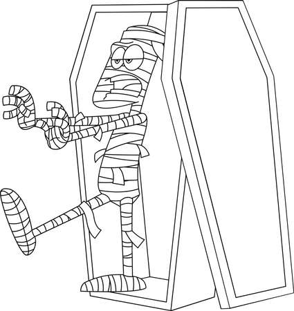 Outlined Funny Mummy Cartoon Character Stepping Out Of A Coffin. Vector Hand Drawn Illustration Isolated On White Backgroundのイラスト素材