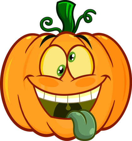 Crazy Halloween Pumpkin Cartoon Emoji Face Character With Goofy Expression. Vector Hand Drawn Illustration Isolated On White Backgroundのイラスト素材