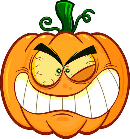 Mad Halloween Pumpkin Cartoon Emoji Face Character With Angry Expression. Vector Hand Drawn Illustration Isolated On White Backgroundのイラスト素材