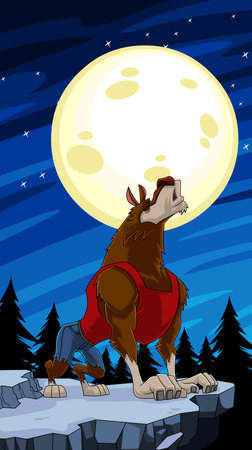 Werewolf Cartoon Character Howling On A Full Moon Night. Vector Hand Drawn Illustration With Landscape  Backgroundのイラスト素材