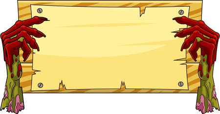 Cartoon Wooden Blank Sign With Bloody Evil Zombie Hands. Vector Hand Drawn Illustration Isolated On White Backgroundのイラスト素材