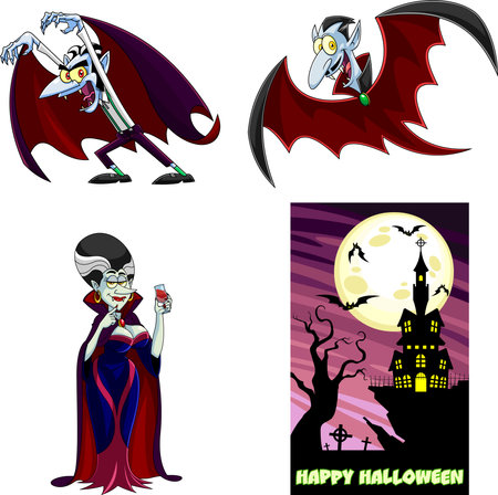 Halloween Cartoon Characters Vampires. Vector Collection Set Isolated On White Backgroundのイラスト素材