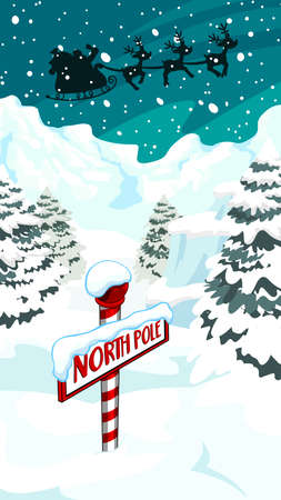 Cartoon North Pole Sign With Silhouettes Of Santa Claus In Flight With His Reindeer. Vector Hand Drawn Illustration Isolated On White Backgroundのイラスト素材