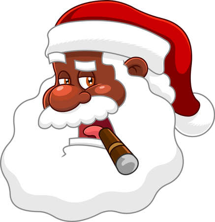 African American Black Santa Claus Face Cartoon Character With Cigar Talking. Vector Hand Drawn Illustration Isolated On Transparent Backgroundのイラスト素材