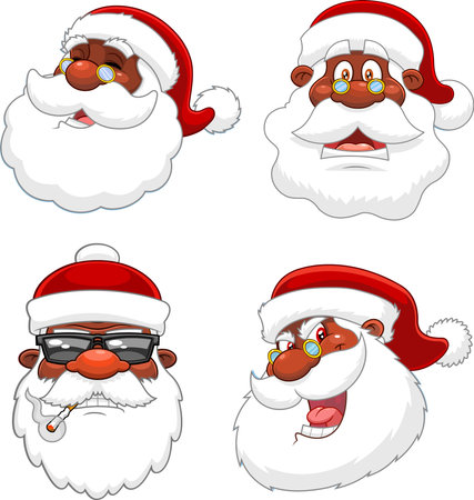 African American Black Santa Claus Face Cartoon Characters. Vector Collection Set Isolated On White Backgroundのイラスト素材