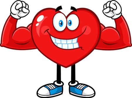 Red Heart Cartoon Character Showing Muscle Arms. Vector Hand Drawn Illustration Isolated On White Backgroundのイラスト素材