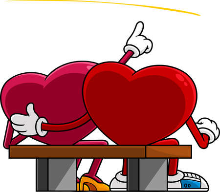 Love Red Hearts Couple Cartoon Characters Sit On A Bench And Watch The Stars. Vector Hand Drawn Illustration Isolated On White Backgroundのイラスト素材