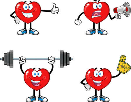 Red Heart Cartoon Character Series. Vector Collection Set Isolated On White Backgroundのイラスト素材