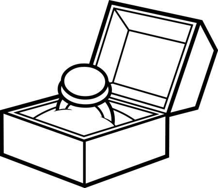 Outlined Cartoon Diamond Engagement Ring in Box. Vector Hand Drawn Illustration Isolated On White Backgroundのイラスト素材