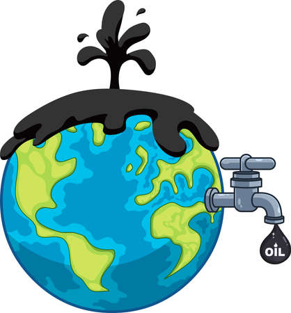 Cartoon Earth Globe With Faucet And Petroleum Or Oil Drop. Vector Hand Drawn Illustration Isolated On White Backgroundのイラスト素材