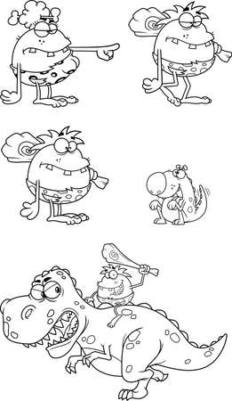 Outlined Caveman Cartoon Characters. Vector Hand Drawn Collection Set Isolated On White Backgroundのイラスト素材