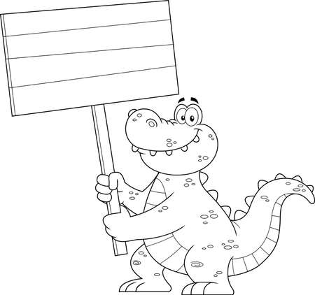 Outlined Funny Alligator Or Crocodile Cartoon Character Holding Up A Wooden Sign. Vector Hand Drawn Illustration Isolated On White Backgroundのイラスト素材