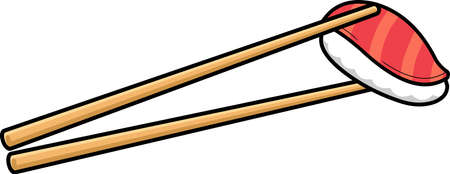 Cartoon Chopsticks Holding Salmon Sushi. Vector Hand Drawn Illustration Isolated On White Backgroundのイラスト素材