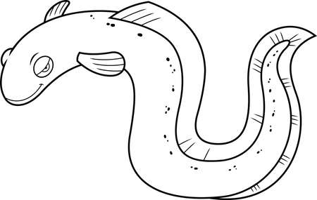 Outlined Cute Electric Eel Fish Cartoon Character Is Swimming. Vector Hand Drawn Illustration Isolated On White Backgroundのイラスト素材