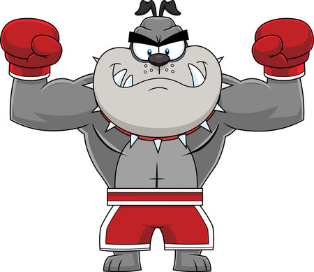 Gray Bulldog Cartoon Character Boxing Champion In Red Boxing Shorts Wearing Red Boxing Gloves. Vector Hand Drawn Illustration Isolated On Transparent Backgroundのイラスト素材