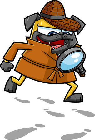 Funny Detective Pug Dog Cartoon Character With Magnifying Glass Following A Clues. Vector Hand Drawn Illustration Isolated On Transparent Backgroundのイラスト素材