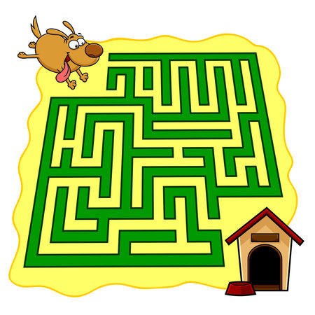 Cartoon Maze Game Education For Kids Help The Dog Get To His House. Vector Hand Drawn Illustration Isolated On White Backgroundのイラスト素材