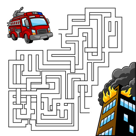 Cartoon Maze Game Education For Kids Help The Fire Truck Get To The Burning Building. Vector Hand Drawn Illustration Isolated On White Backgroundのイラスト素材