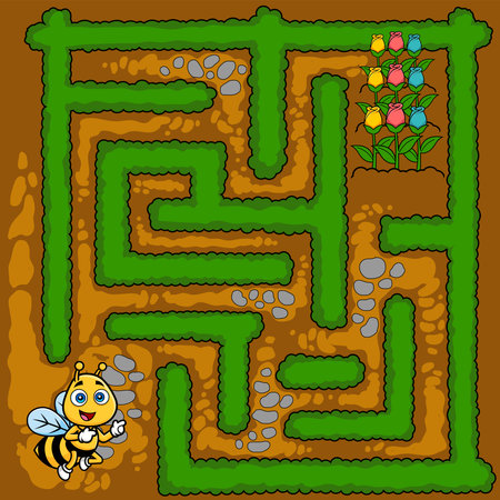 Cartoon Maze Game Education For Kids Help The Bee Reach The Alley With Flowers. Vector Hand Drawn Illustration With Backgroundのイラスト素材