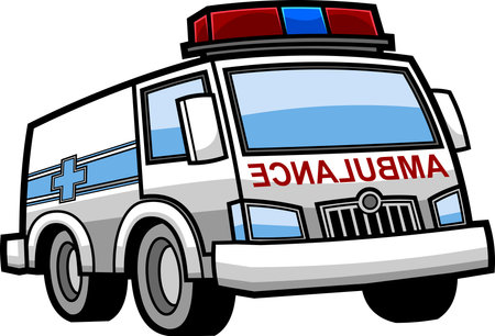 Cartoon Medical Ambulance Car. Vector Hand Drawn Illustration Isolated On Transparent Backgroundのイラスト素材