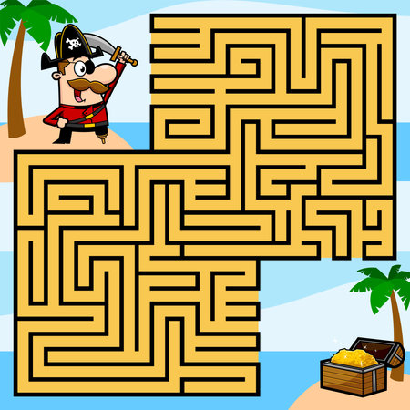 Cartoon Maze Game Education For Kids Help the Pirate Get To The Island With The Treasure. Vector Hand Drawn Illustration With Backgroundのイラスト素材