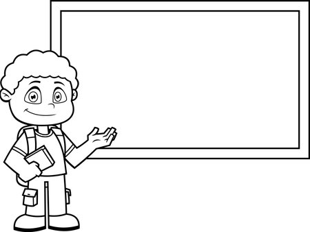Outlined School Boy Cartoon Character With Textbooks Pointing To Chalk Board. Vector Hand Drawn Illustration Isolated On Transparent Backgroundのイラスト素材