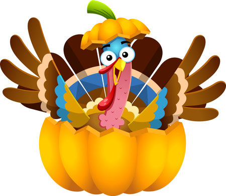 Happy Turkey Cartoon Characters In Pumpkin. Vector Illustration Flat Design Isolated On Transparent Backgroundのイラスト素材