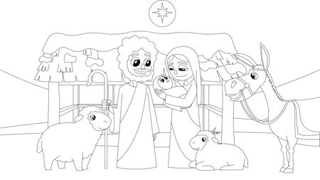 Outlined A Christmas Nativity Scene With Baby Jesus, Mary, Joseph, And Animals. Vector Hand Drawn Illustration Isolated On Transparent Backgroundのイラスト素材