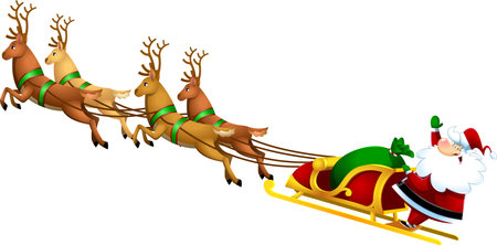 Santa Claus Cartoon Character A Reindeers Flying In A Sleigh. Vector Flat Design Illustration Isolated On Transparent Backgroundのイラスト素材