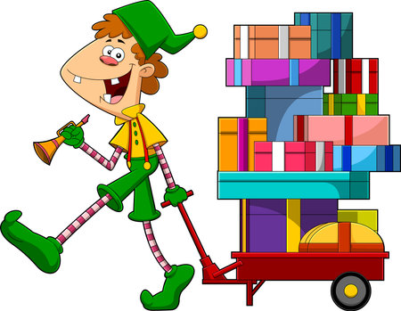 Santa's Little Elf Helper Cartoon Character Pulls A Cart With Gift Boxes. Vector Hand Drawn Illustration Isolated On Transparent Backgroundのイラスト素材