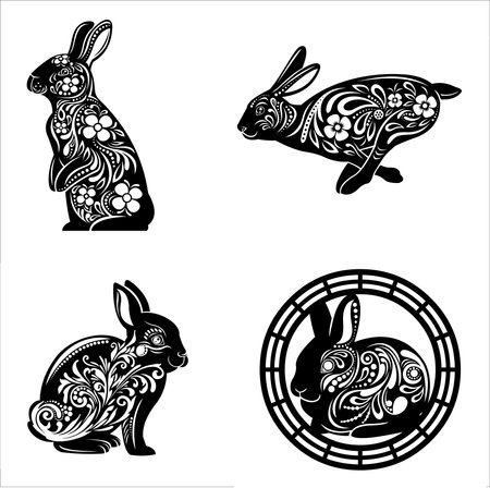 Black New Year Horoscope Rabbits Decoration With Flowers. Vector  Collection Set Isolated On White Backgroundのイラスト素材