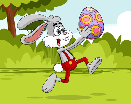 Happy Rabbit Cartoon Character Running With Colored Easter Egg. Vector Hand Drawn Illustration With Landscape Backgroundのイラスト素材