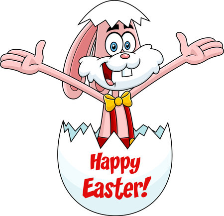 Surprise Rabbit Cartoon Character Peeking Out Of An Easter Egg With Text. Vector Hand Drawn Illustration Isolated On Transparent Backgroundのイラスト素材