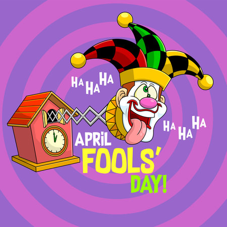 Funny Jolly Jester Toy Cartoon Character Exit From Cuckoo Birdhouse Clock. Vector Hand Drawn Illustration With Background And Textのイラスト素材