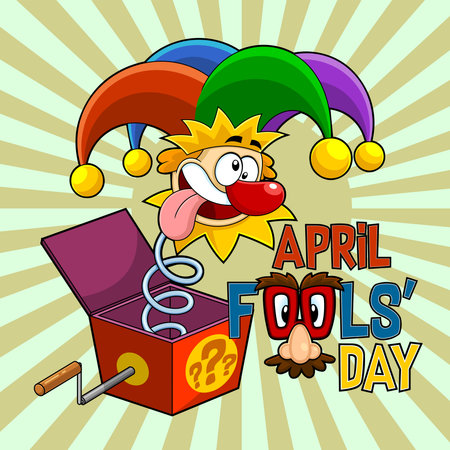 Crazy Jolly Jester Cartoon Character Exit From Surprise Box. Vector Hand Drawn Illustration With Backgroundのイラスト素材